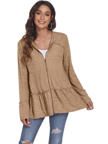 Image of DEESHA Plus Size Zip Up Hoodie for Curvy Women Spring Ruffle Hooded Sweatshirts Jacket Cardigans Lightweight