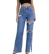 heipeiwa Women's Straight Wide Leg Jean Juniors Distressed Jeans Stretchy Casual Ripped Denim Pan...