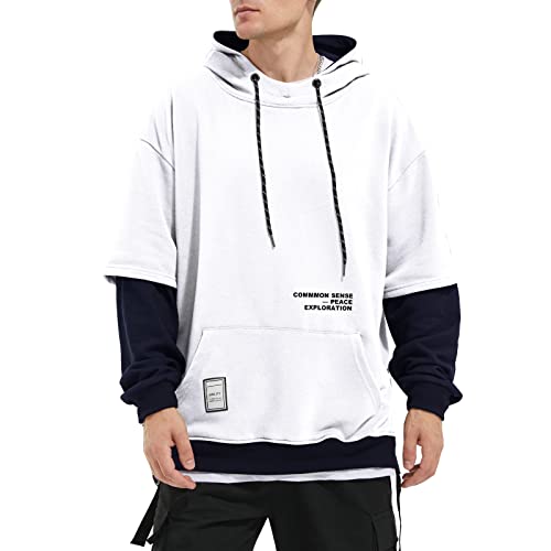 Hoodie Mens Hooded Sweatshirt Patchwork Casual Pullover Crew Neck Contrast Color with Pocket