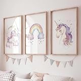 Conjunto De Láminas Decorativas Infantiles De Unicornio De Dibujos Animados Con Estampados De Acuarela De Arcoíris Pastel En Lienzo. Decoración Para El Hogar, La Guardería O El Cuarto Infantil. 30X40C