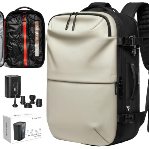 BlackVoyage Vortex Vacuum Seal Travel Backpack 60L Expandable Air Compression System Water Resistant TSA Lock Carry-On Suitcase Luggage White AERO Essential Series Vacuum Pump Included