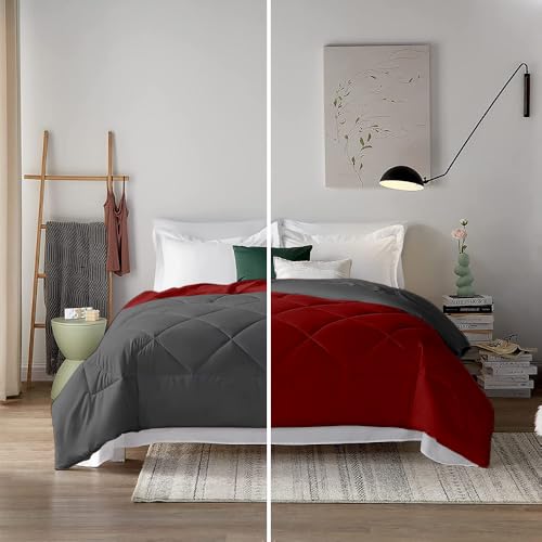 Image of Filbert 600 GSM Comforter for King Size | Super Warm Winter Quilt /Rajai | Thick Microfiber Blanket with Cloud-Soft Fill | Luxury Bedding for Winters - 92x106 Inch | Burgundy /Dark Grey