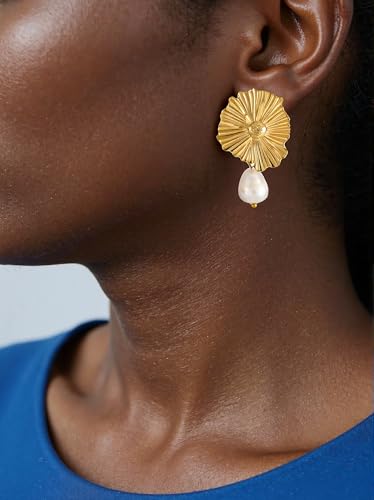 Gold Flower Statement Earrings for Women Chunky Sculptural Flower Pearl Stud Elegant Dangle Earrings 18K Gold Plated Trendy Fashion Jewelry Gifts3