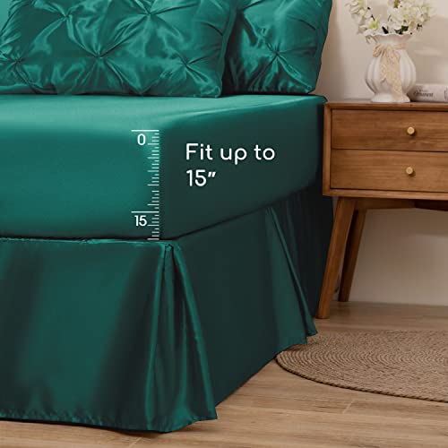 MR&HM Satin Comforter Twin 5 Pieces - Luxurious Pinch Pleat Bedding Set with Comforter, Flat Sheet, Fitted Sheet, Pillowcase & Sham, Super Silky Soft Bed Set for All Season (Twin, Peacock Green)