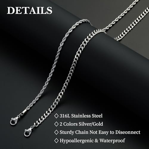 Stainless Steel Layered Chain Necklaces for Men Boys, 2Pcs Cuban Link/Rope/Herringbone Chains Jewelry Gifts, 16 "/18 ", 18 "/20 ", 20 "/22 ", 22 "/24 "3
