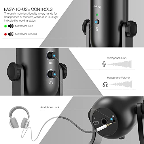 Fifine Usb Podcast Microphone For Recording Streaming, Condenser Computer Gaming Mic For Pc Mac Ps4. Headphone Output&Volume Control, Mic Gain Control, Mute Button For Vocal, Youtube. (K678) #TOP2