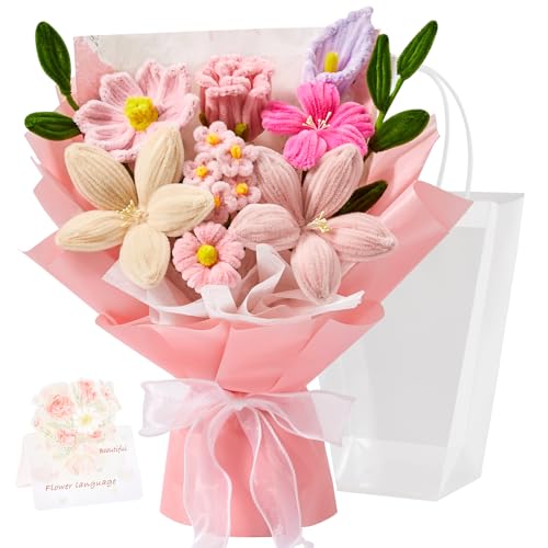 Faylifeway Pipe Cleaner Flower Bouquet Already Made, Pink Chenille Stem Flowers, Flower Bouquet for Mom Women, Birthday Anniversary Graduation Gift(Include Card)