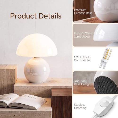 Image of Dawnwake Mushroom Lamp Table Lamp for Bedroom-Small Desk Table Lamps,White | 8.7 inch Mid Century Modern Table Lamps for Living Room Bedroom Decor,Cute Ceramic Lamps for Mushroom Home Room Decor,Glass Shade