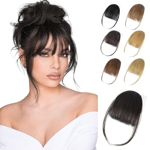 Lommel Clip in Bangs,100% Real Human Hair Wispy Fake Bangs Hair Clip for Women Brown Black Natural Curtain Fringe with Temples Hairpieces for Daily Wear and Various festivals(Brown Black)