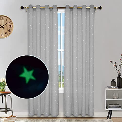 Bildenly Stars Sheer Curtains Glow in The Dark Curtains 2 Panels Luminous Blackout Curtain Stars Tulle Window Treatments with Grommet for Kids Bedroom Living Room Decor,Gray 52