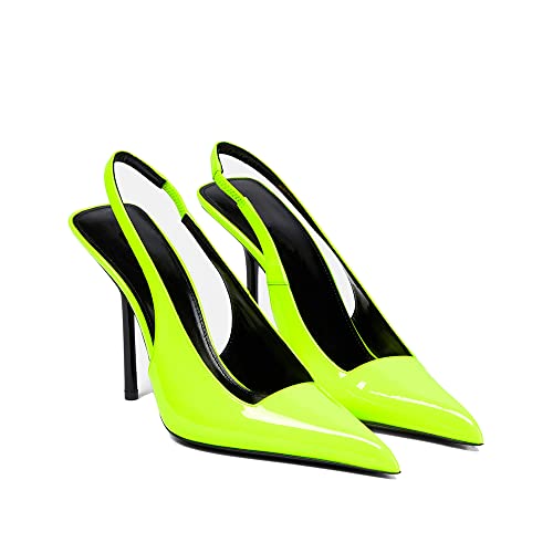 Image of THESHY Women's Pointed Toe High Stiletto Heels Slingback Stretch Slip-on Pumps Backless Patent Leather Fashion Dress Shoes for Women