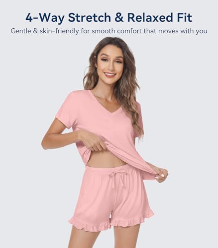 Image of WiWi Womens Pajamas Set Bamboo Viscose Super Soft Short Sleeve Top Ruffle Shorts Sleepwear Cooling Pj Sets S-XXL