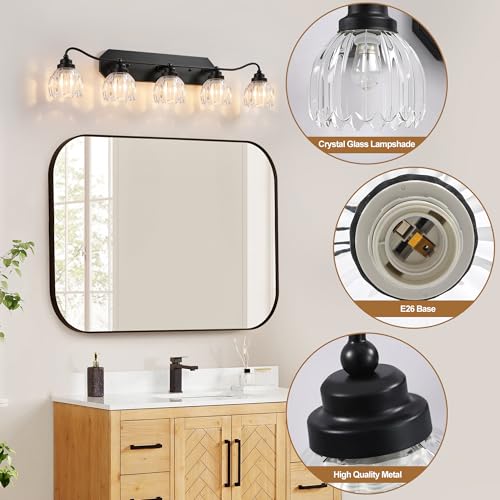 Image of Vintage Bathroom Light Fixtures, 5 Light Bathroom Vanity Light, Black Matte Antique Brass Finish with Crystal Glass Shade, Mid Century Wall Sconces for Bedroom, Living Room, Hallway