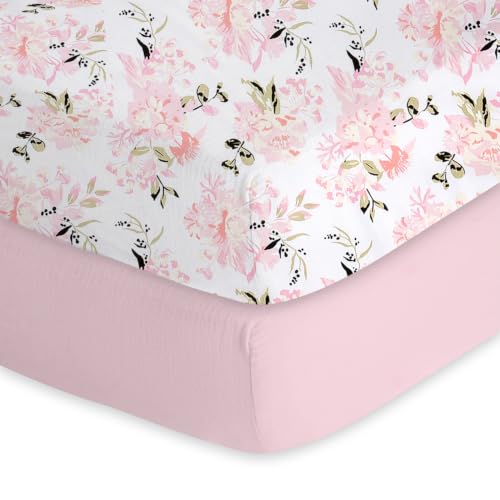 Image of Little Grape Land Muslin Crib Sheets Fitted for Girls 2 Pack, 100% Cotton Baby Bed Sheets Soft Breathable, Neutral Fitted Baby Mattress Sheets for Standard Crib, Floral