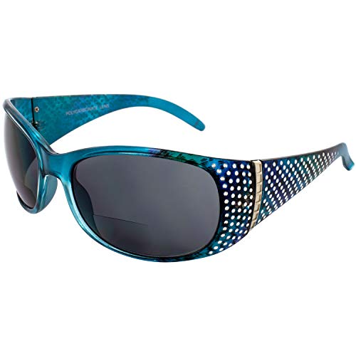 Global Vision Galaxy Womens Bifocal Fashion Motorcycle Sunglasses Chrome Rhinestone Look Blue Frames Smoke Lenses 2.5 Magnification