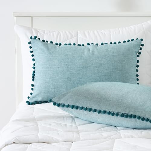 Image of 100% Cotton Pom Pom Cushion Without Filler, Elegant & Modern Cushion Cover for Living Room, Rectangle, 12 inchx20 inch, uni Chambray, Set of 2 - Teal Green