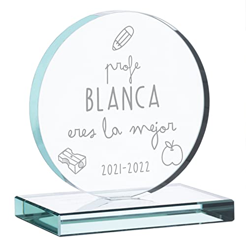 Wanapix | Trofeo Personalizado con Nombre y Texto | Cristal Grabado (Escala de Grises) | Premio Personalizado | Redondo 10x11 cm | Incluye Estuche para Guardar | Mejor Profe