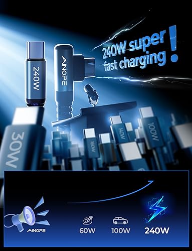 Image of AINOPE 240W USB C to USB C Cable Fast Charging 15FT,Right Angle Fast Type C Charging Cable Fits iPhone 16 Pro Max Plus,iPhone 15,MacBook Air /Pro,iPad Pro,Samsung,Pixel,All Devices, Grey, 1 Pack