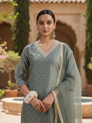 Image of Avanshee Women's Chanderi Cotton Silk with Zari Embroidery Kurta & Silk Crepe Pant Set And Net Dupatta Ethnic Wear Salwar Suit Set (ES 7539)