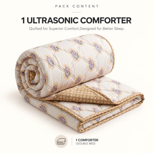 Image of BSB HOME Premium 280 GSM Quilted Comforter, Soft Plush Floral Printed Bedspread, Cozy Warm Reversible Blanket for Bedroom, Elegant Winter Bedding Comforter, 80 x 85 Inches (203 x 215 cm) - Pale Sand