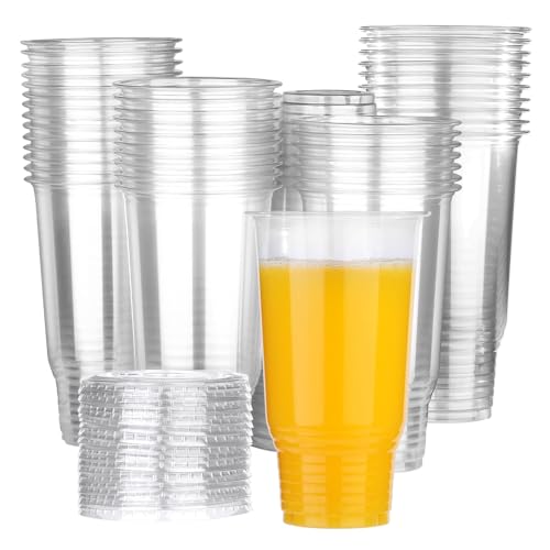 Giwrmu 32oz 50 Count Clear Plastic Cups with Flat Lids, Disposable Iced Coffee Cups, Clear PET Plastic Drinking Cups for Iced Coffee, Milkshakes and Smoothies