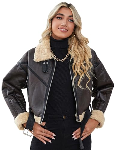LY VAREY LIN Winter Women Faux Lamb Fur Leather Short Jacket Lapel Zipper Bomber Aviator Coat3