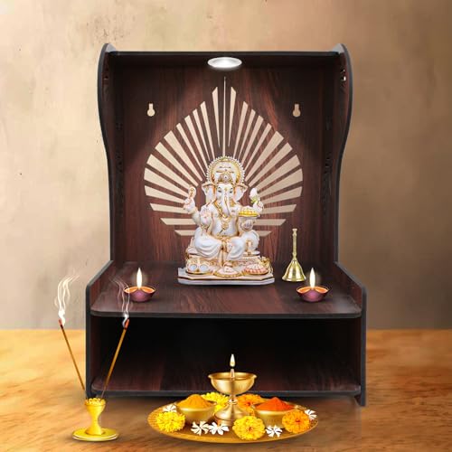 Image of Olive Tree Ethnic Wooden Pooja Mandir for Home Handcrafted Puja Stand | Wall Mounted with LED Spot Light | Mandapam, Pooja Ghar, Temple Office Decor - Walnut Size 12X12X16 Inch 1006