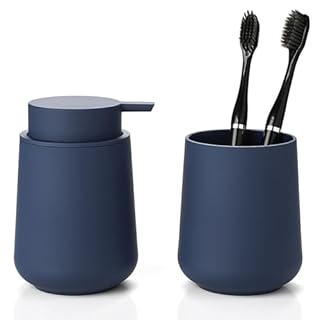 YAUKPH Matte Navy Blue Bathroom Accessories 2 Piece Set Plastic Soap Dispenser and Toothbrush Holder for Modern Bathroom Decor