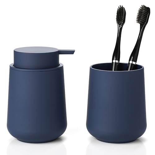 YAUKPH Matte Navy Blue Bathroom Accessories 2 Piece Set Plastic Soap Dispenser and Toothbrush Holder for Modern Bathroom Decor