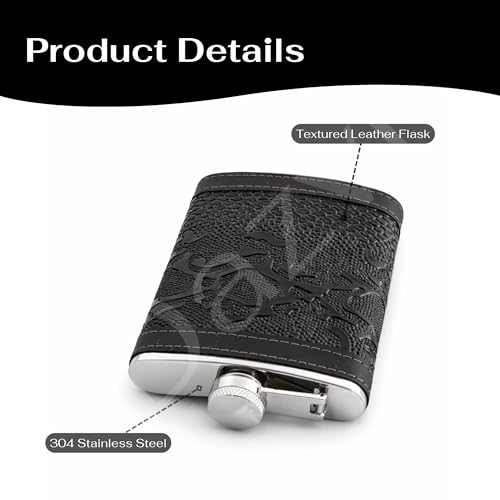 Image of Hip Flask with Funnel Pocket 240 Ml Stainless Steel for Men & Women 8oz - Whisky Vodka Alcoholic Liquor Holder Drinks Carrying Case Leakproof Travel Flasks Drinks, (Snake Skin Leather)