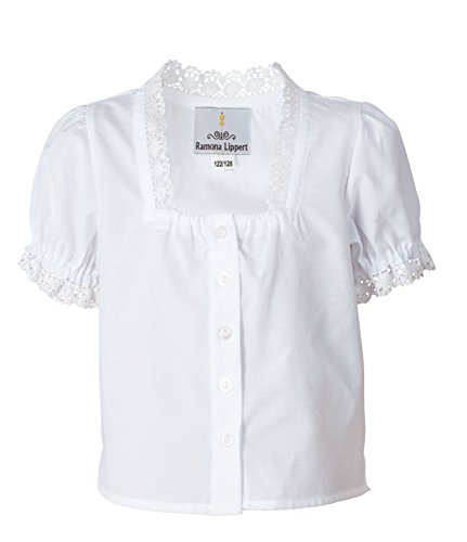 Ramona Lippert® Blusa para crianças com aba branca, tamanho 86 – 164, blusa tirolesa com renda para ocasiões festivas e trajes tradicionais |, Branco