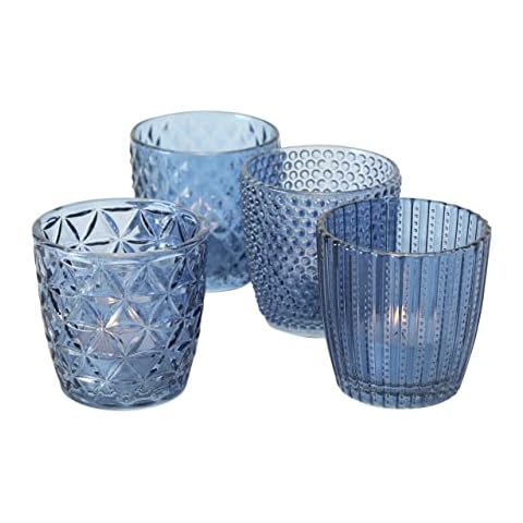 Boltze Marilu 1020523 Tea Light Holder Set of 4 (Blue, Decorative Glasses for Candles / Tea Lights, Candle Holder Diameter 8 cm, Various Patterns, Round Shape, Tea Light Holder) Cover