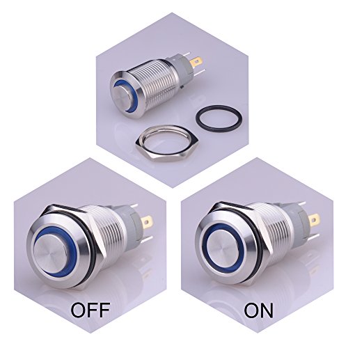 Ulincos® Latching Pushbutton Switch U16F2 1No1Nc Spdt On/Off Silver Stainless Steel Shell With Blue Led Ring Suitable For 16Mm 5/8" Mounting Hole (Blue) #TOP1
