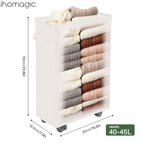 Image of Laundry Basket, Slim Storage Basket with Wheels, Collapsible Rolling Laundry Basket for Clothes, Small Laundry Hamper for Dorm and Laundry Room,Yoga Fitness Storage Organiser, 40L, Beige