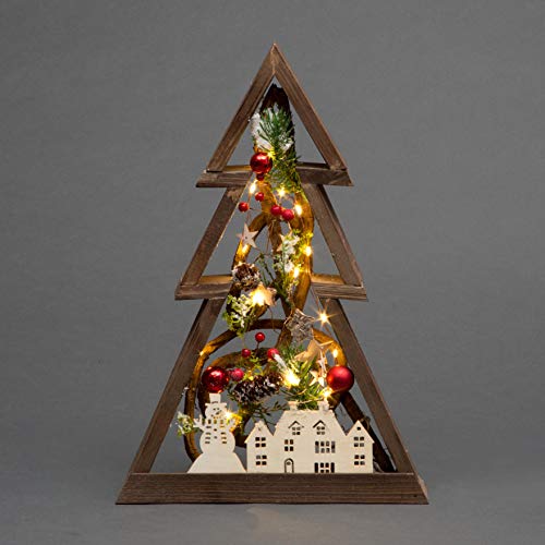 39cm LED Pre-Lit Decorated with Leaves Pine Cones Berries 3D Nordic Christmas Scene Tree Shape Wooden Frame Tabletop Decorations Xmas Ornament Gifts, Brown