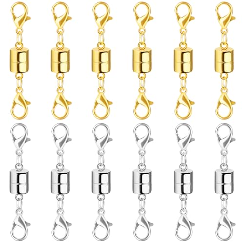 SUTQIGUI Magnetic Necklace Clasp and Closures with Double Lobster Clasp 14K Gold and Silver Necklace Extenders for Women Jewelry Magnetic Clasps for Necklaces Bracelet Necklace Extender(12PCS)