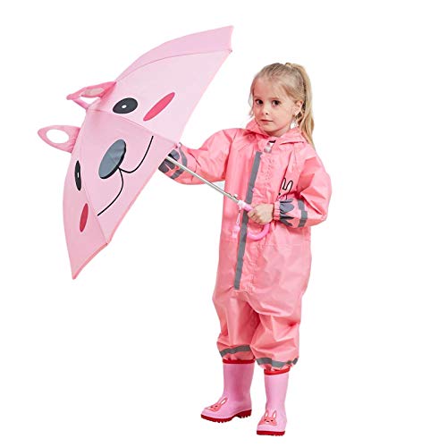 ANUFER Kids 3D Animated One Piece Coverall Rain Suit Reflective Hooded Raincoat with Umbrella 3-10 Years2