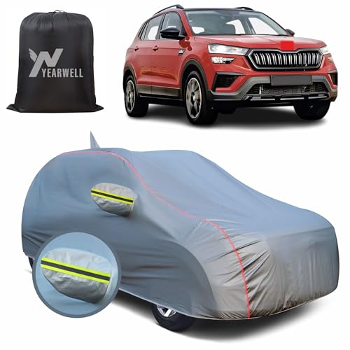 Image of Car Body Cover for Skoda Kushaq, 100% Waterproof, Heat-Resistant with Mirror & Antenna Pockets, Soft Cotton Lining, Triple Stitched, Green Reflector (Metallic Grey)