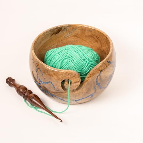 Image of Cute Wooden Yarn Bowl for Crocheting, 7x4inch Large Mango wood Crochet Holder Gift Accessories and Knitting Gadgets Supplies Handcrafted with Fractal Wood Burning & Blue Resin Inlay (M-Blue)