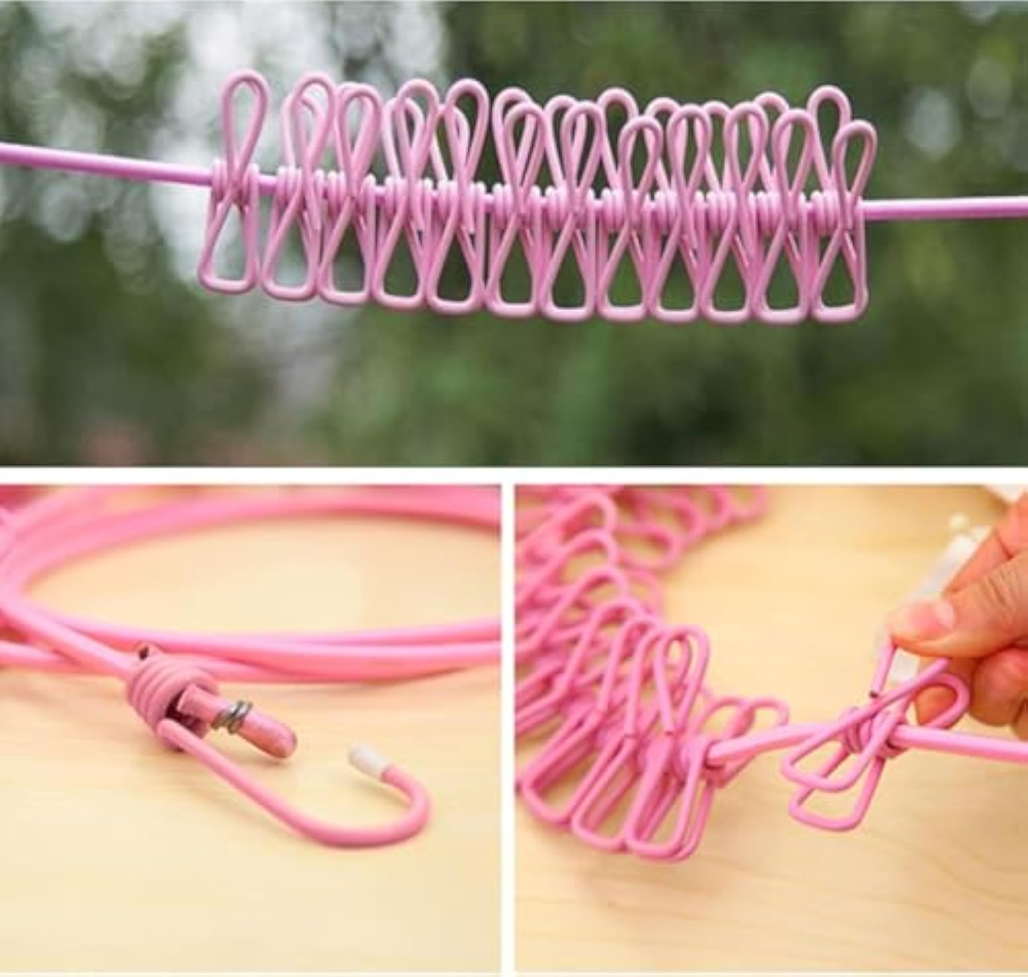 Windproof Clothesline with 12 Clips, Retractable Elastic Rope