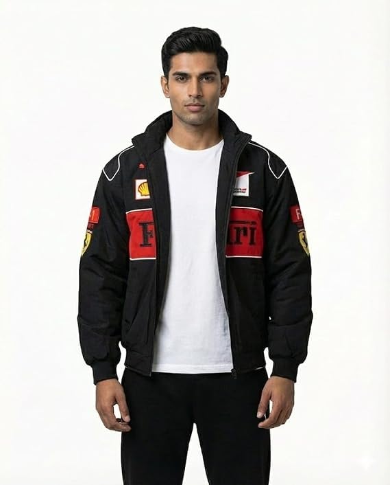 Buy F1 Printed Jacket for Men & Women, Black Red Racing Jacket with Hood at Amazon.in - Image 3