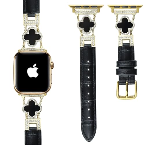 Nixiamy Lederarmband Kompatibel mit Apple Watch Armband 49mm 46mm 45mm 44mm 42mm 41mm 40mm 38mm, Bling Diamond Leder Ers...