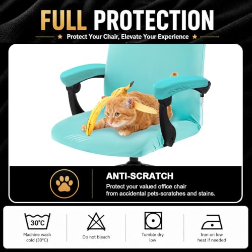 Image of Stretch Computer Office Chair Cover with Armrest Covers Durable Zipper Universal Washable Removable Spandex Rotating Boss Chair Slipcovers Anti-dust Soft Desk Chair Seat Protector, Tifanny Blue
