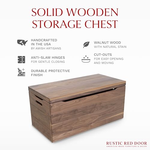 Image of Amish Made Wooden Storage Chest Trunk Box with Lid and Handles for Bedroom, Blanket, Clothes, Anti-Slam Hinges, Handmade, Rustic, Walnut Wood, Natural Stain, 42 inch