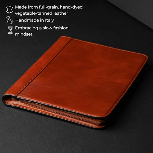 Time Resistance Leather Portfolio - A4 Document Folder - Italian Handcrafted Padfolio Organizer (Cognac Brown) - Gift Box Included4