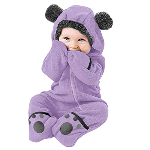L9WEI Piumini Ragazza con i Piedi Orso Neonato Pagliaccetto Orecchie Cappotto Tuta Ragazzo con Cappuccio Cappotto e Giacca in Pile per Ragazze Giubbotto 1 Anno Invernale (Purple, 0-3 Months)