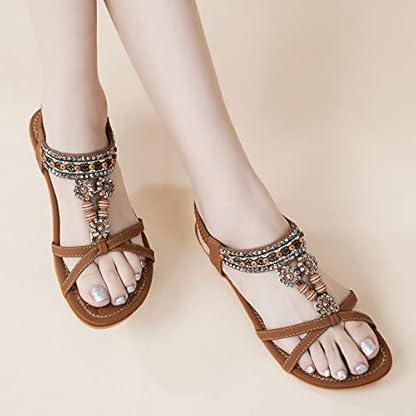 Alicegana Womens Sandals Dressy Summer: Comfortable Bohemian Flats Elastic Ankle Strap Walking Beach Shoes - Image 6