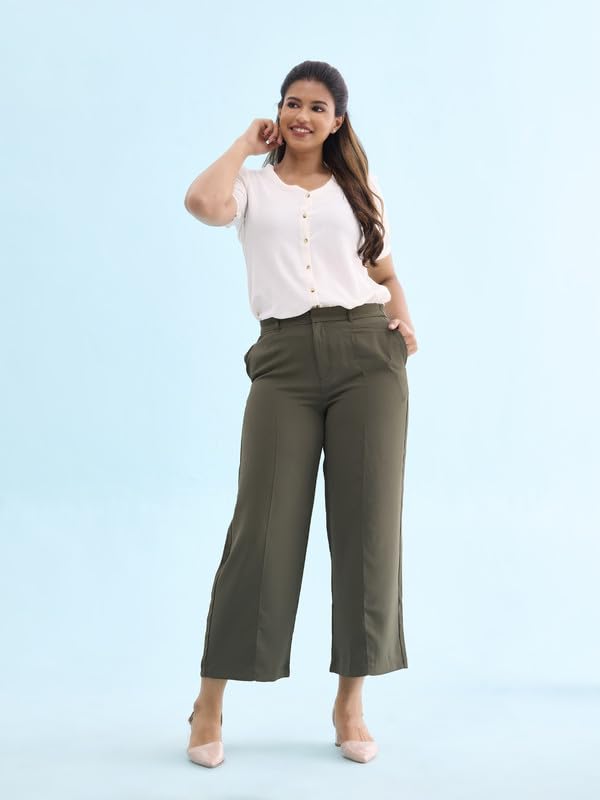 Image of GO COLORS Poly Spandex Crepe Wide Pants Full Length for Women| Lightweight, Mid Rise, Side Pockets