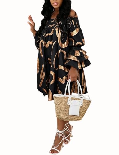 Image of WOKANSE Party Dresses for Women Off Shoulder Layered Flare Sleeve A line Ruched Plus Size Midi Summer Dress