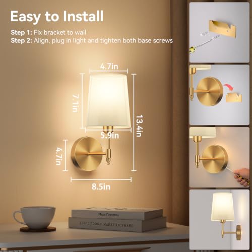 Image of Ouyulong Battery Operated Wall Sconces Set of 2, Wireless Rechargeable Dimmable Wall Light with 15000mAh RGB Bulb and Remote for Bedroom, Living Room, Hallway, Gold, 13.4in